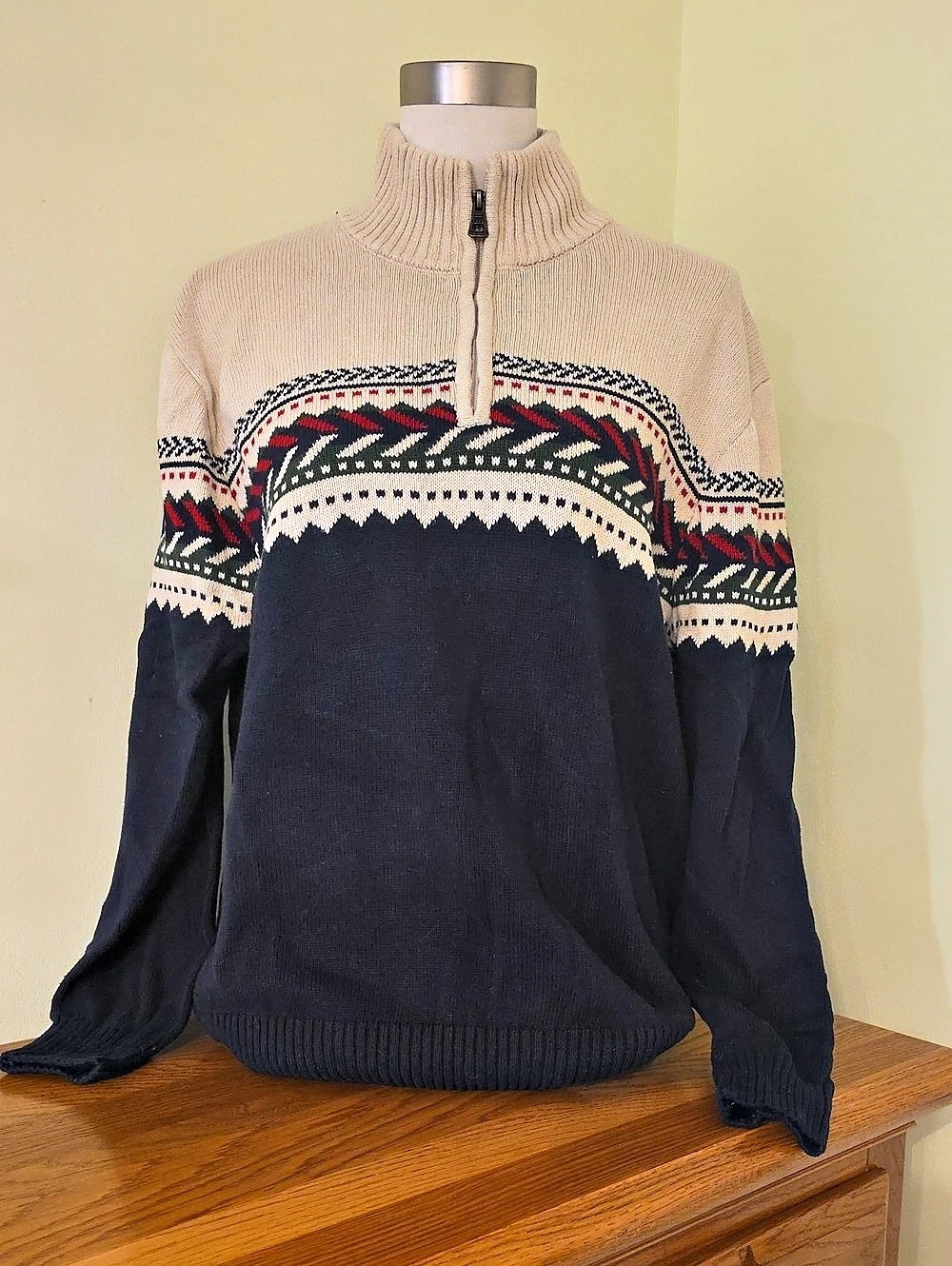 Weatherproof Holiday Fairisle Quarter Zip Sweater Men's Blue & Cream